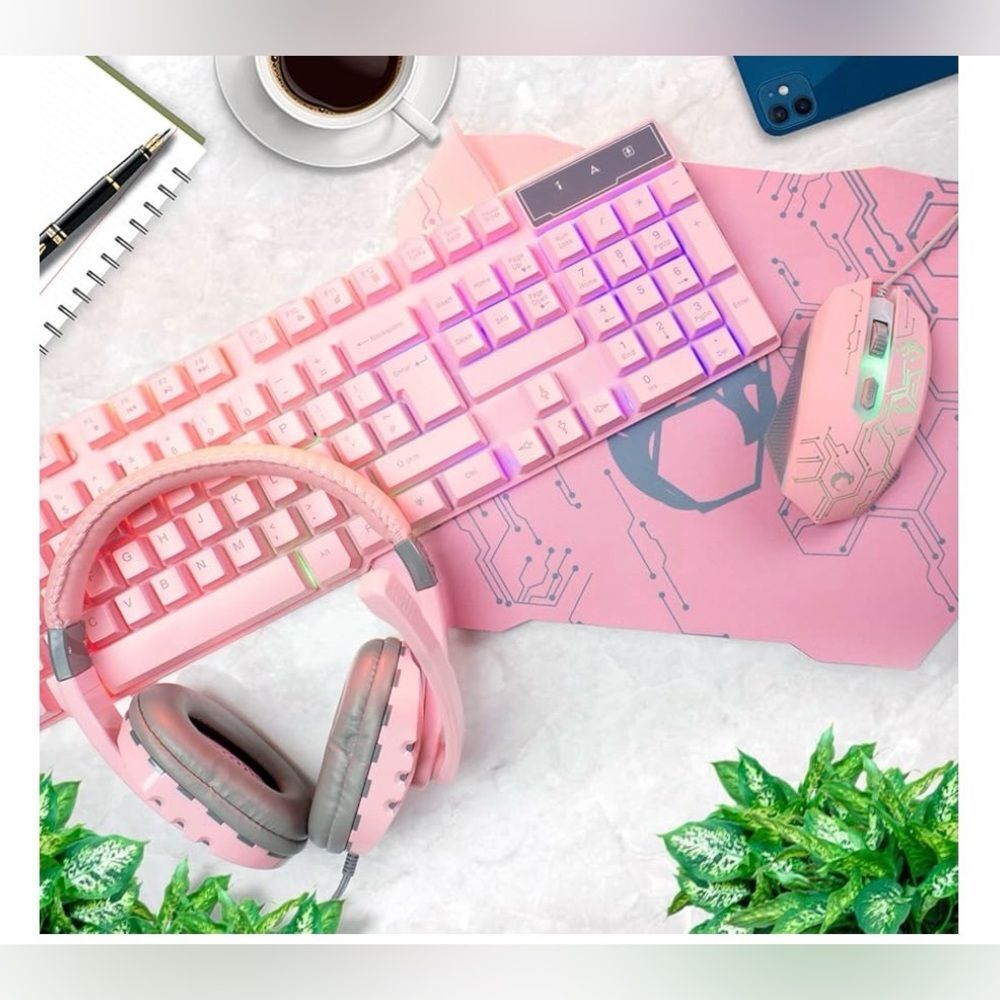 Pink Gaming Wired Combo Keyboard Mouse Headset and Mouse Pad